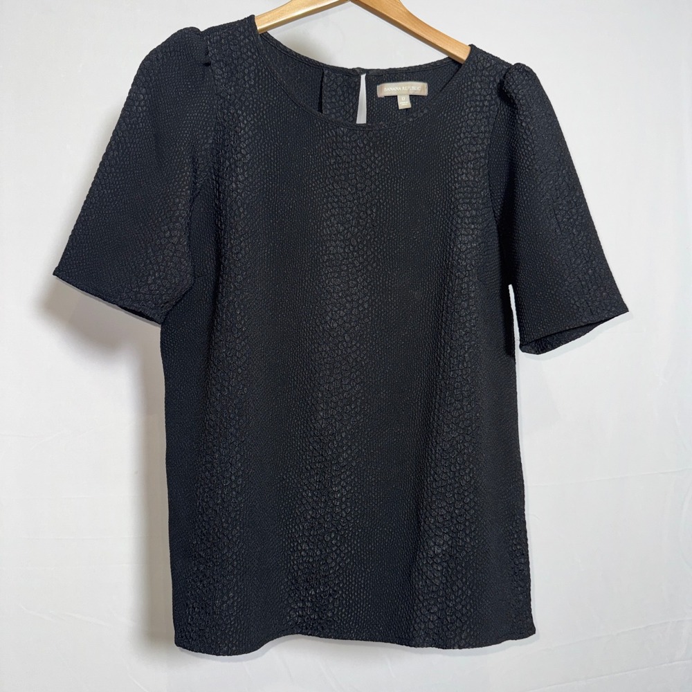 Banana Republic Black‎ Textured Honeycomb Puff Sleeve Keyhole Blouse Top Size 12